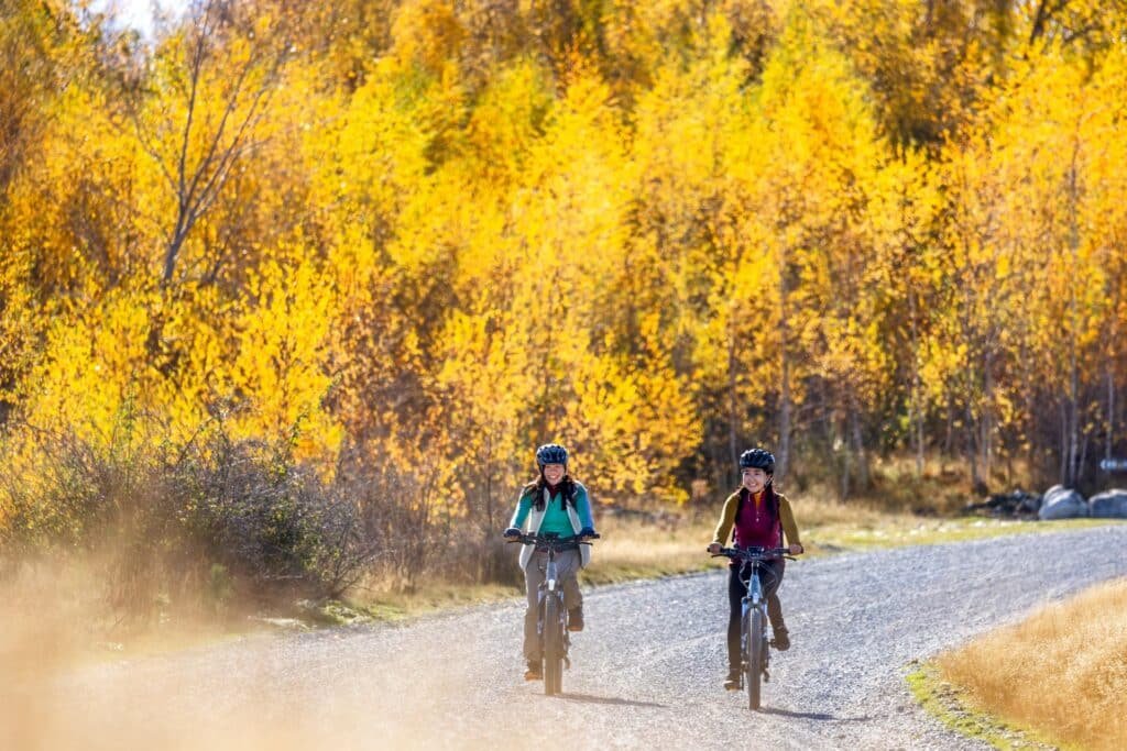 Mountain biker riding on gravel road lined with colorful autumn trees near Lake Tekapo, Canterbury