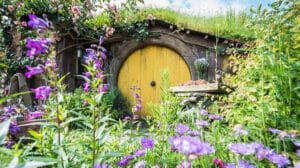 Detailed close-up of Hobbiton movie set showing quaint hobbit door and garden features