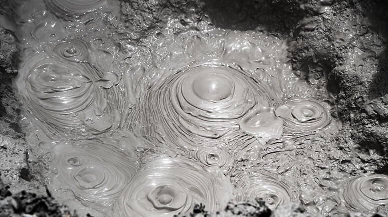 Viscous bubbling mud pools steaming in the geothermal area of Rotorua