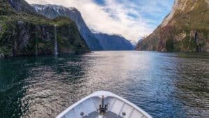 Looking over the front of the boat cruising through Milford Sound