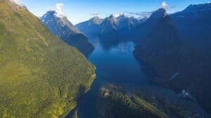 Aerial view from a helicopter looking down on Milford Sound