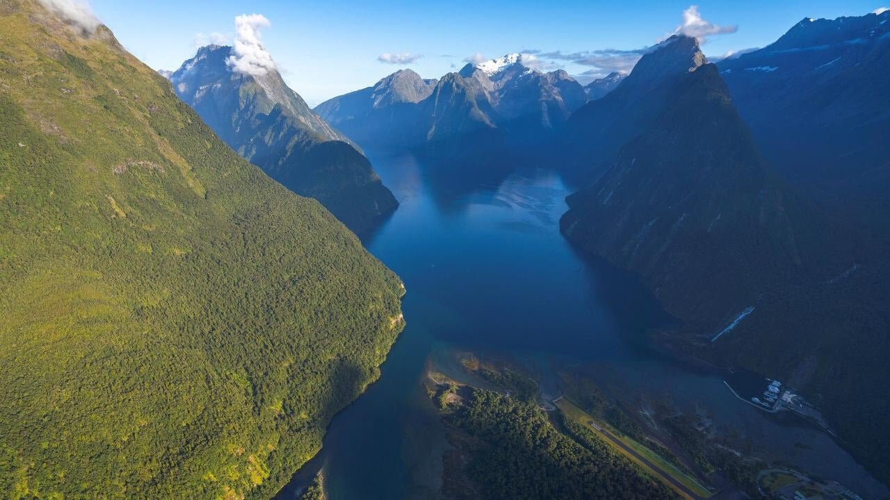 Aerial view from a helicopter looking down on Milford Sound