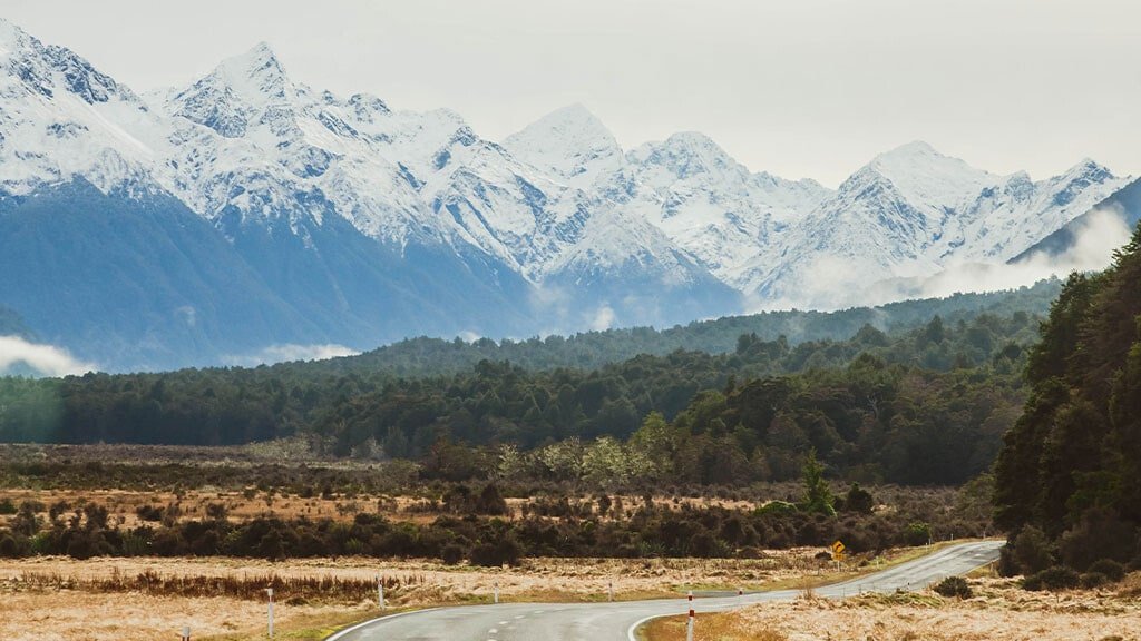 Winding road leading to Milford Sound with majestic mountain peaks in the distance