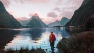Shimmering water and reflections of mountains at Milford Sound