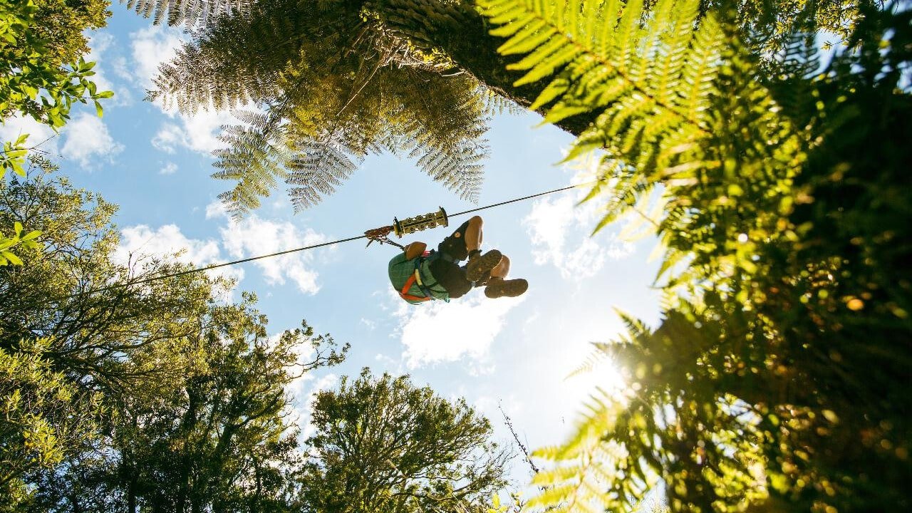 Person ziplining high above native bush with expansive sky views at Okere Forest