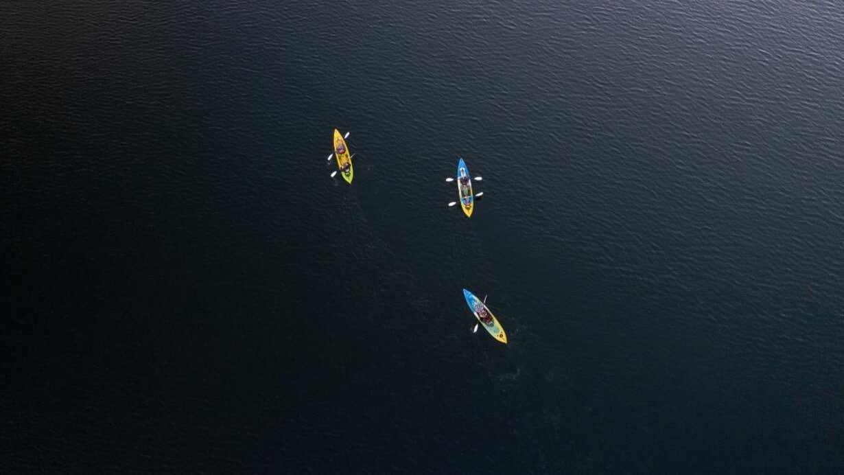 Aerial view of a group kayaking together on calm waters in Rotorua