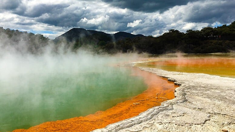Vibrant geothermal hot pool with striking green and orange mineral colours at Wai-O-Tapu, Rotorua