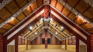 Intricately carved interior of a traditional Māori marae in Rotorua