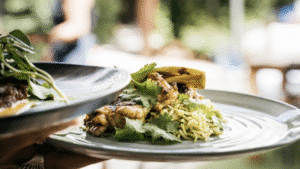Plated fresh, high-quality food served during the Waiheke wine tour dining experience