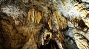 Impressive limestone cave formations inside Waitomo Glow Worm Caves, New Zealand