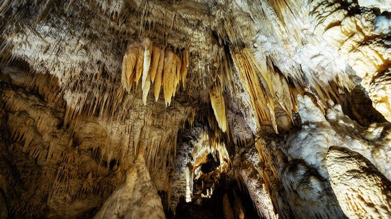 Impressive limestone cave formations inside Waitomo Glow Worm Caves, New Zealand