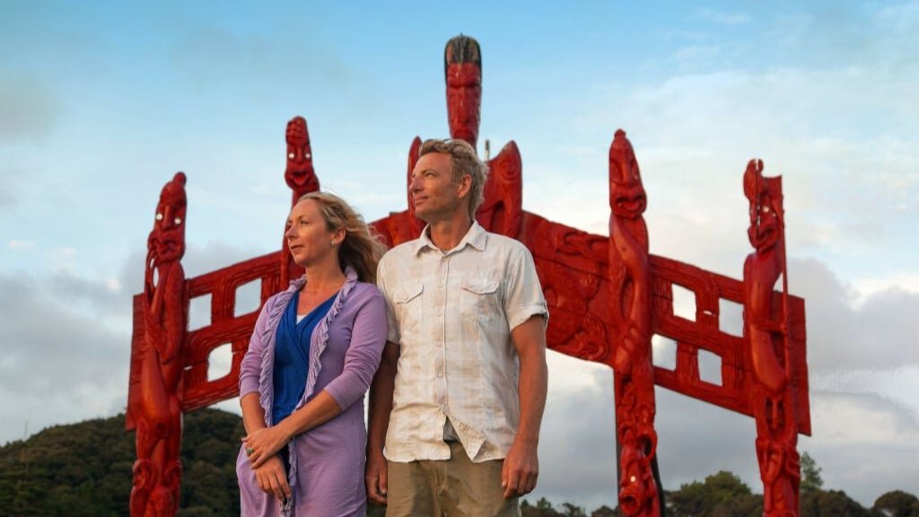 Traditional Maori carved wooden archway at the Treaty of Waitangi Grounds in the Bay of Islands.