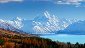 Snow-covered peaks of the Southern Alps seen from Mt Cook National Park on a clear day