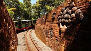 Miniature train on the tracks at Driving Creek Railway in Coromandel, New Zealand
