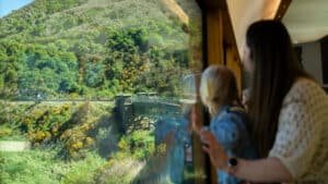 Taieri Gorge Railway train passing through dramatic landscapes, cliffs and rivers on a scenic journey