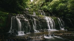 A cascading rock waterfall surrounded by dense native New Zealand bush