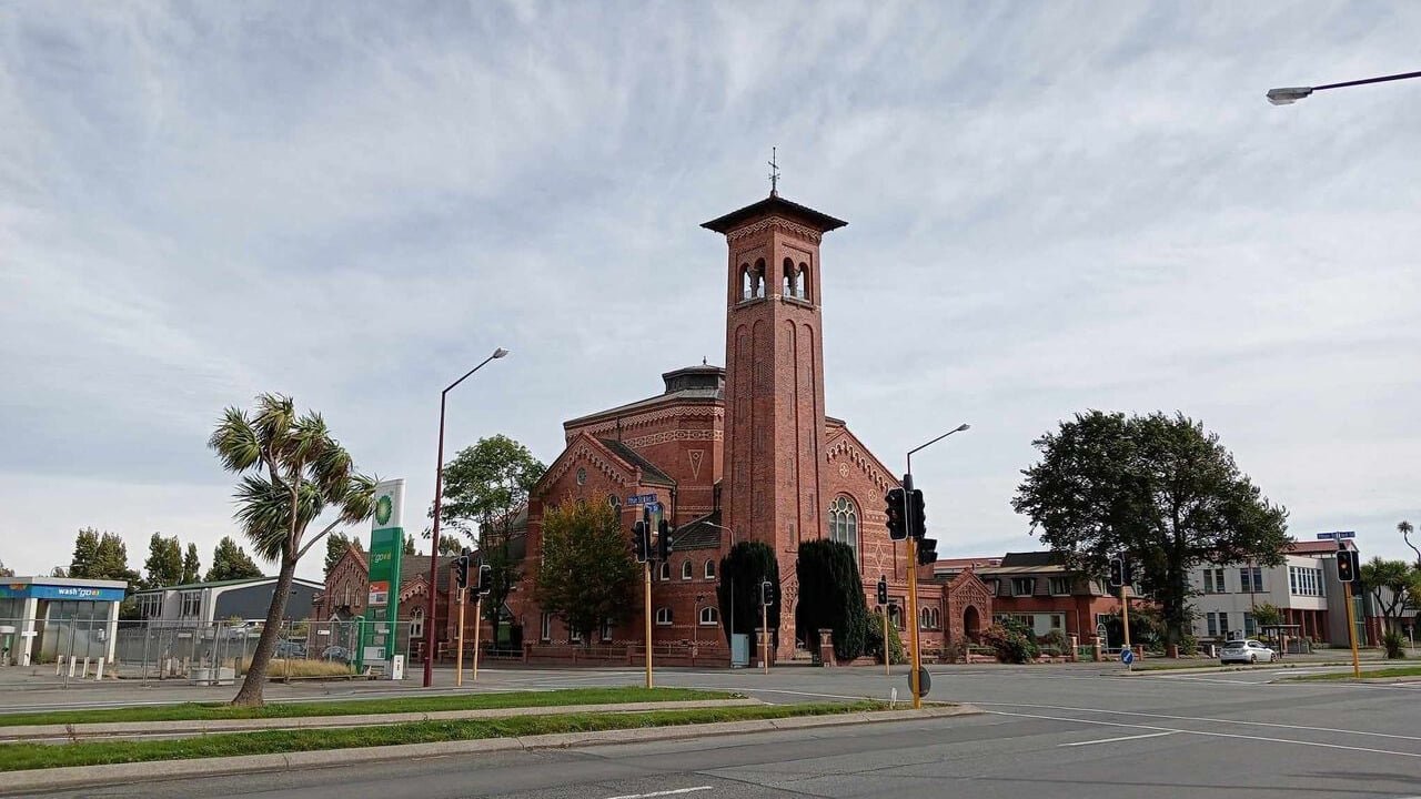 Historic First Presbyterian Church in Invercargill with its striking architecture and spire