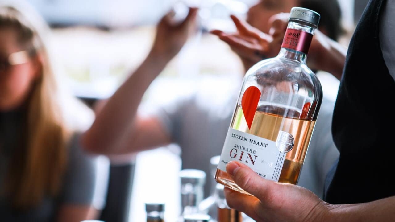 A bottle of Broken Heart gin showcased during the Queenstown Gin Tour.