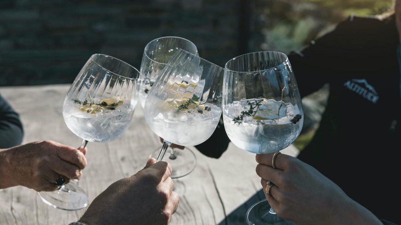 Group of people toasting with gin glasses on a Queenstown heli-gin tour