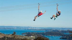 Children ziplining side-by-side with a biplane style setup, Auckland City skyline visible in the background