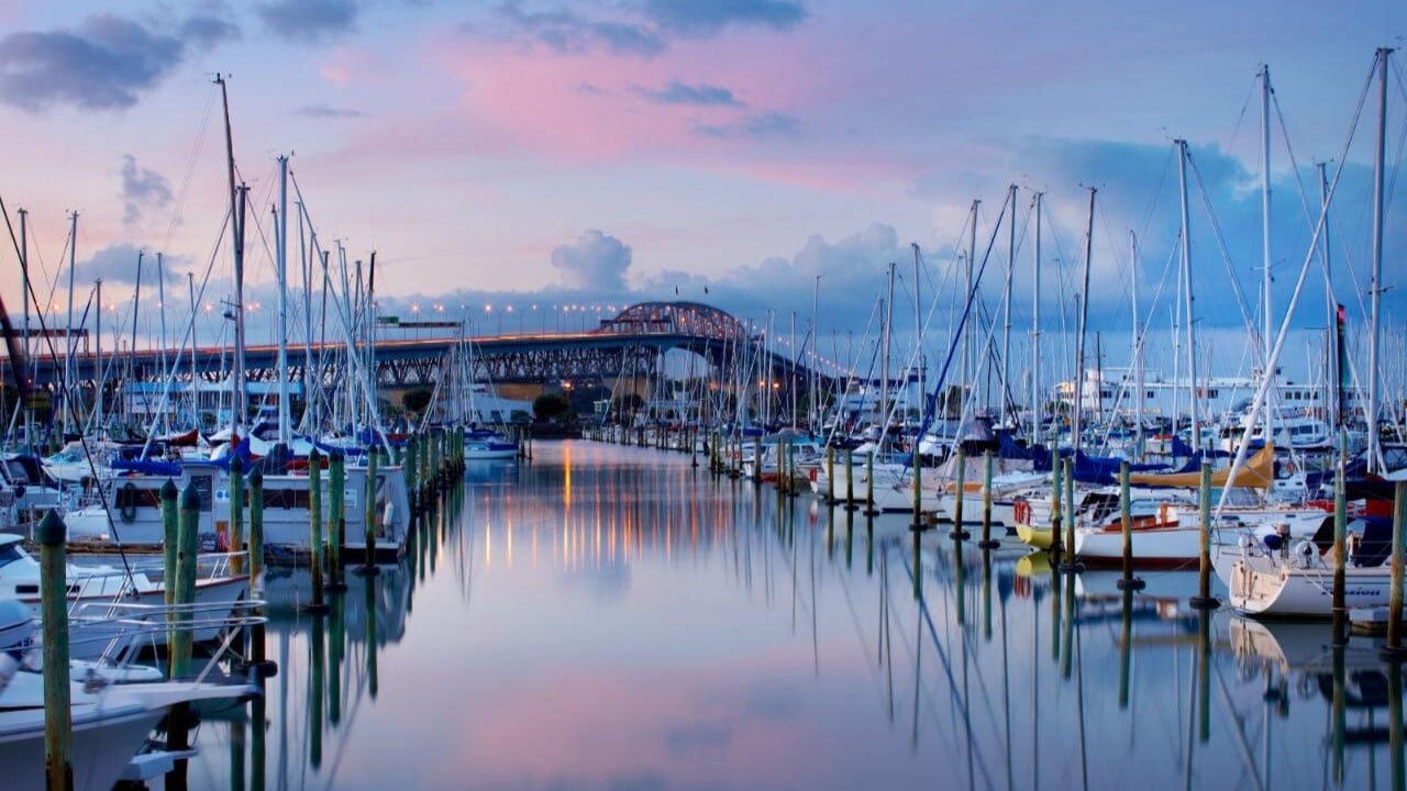 Kayaking tour past boats in Auckland Marina with Harbour Bridge and city lights at sunset