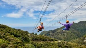 Two people racing side by side on parallel ziplines with scenic views in Kaikōura