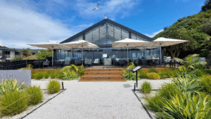 Entrance to Kimaha Restaurant on Waiheke Island with deck and glass doors