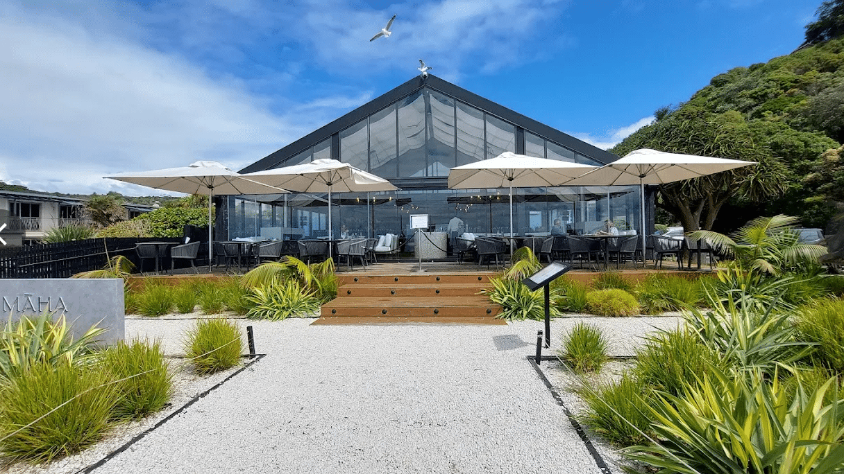 Entrance to Kimaha Restaurant on Waiheke Island with deck and glass doors