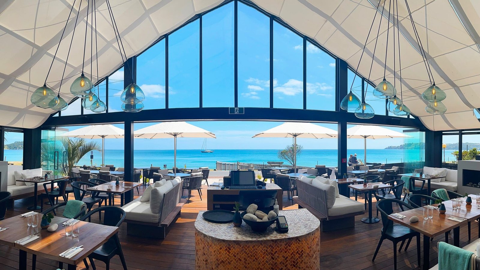 Ocean view from Kimaha Restaurant on Waiheke Island with sunlit bay
